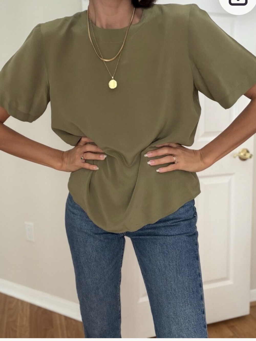 Anna And Frank Vintage Olive Green Short Sleeve Blouse 100%silk